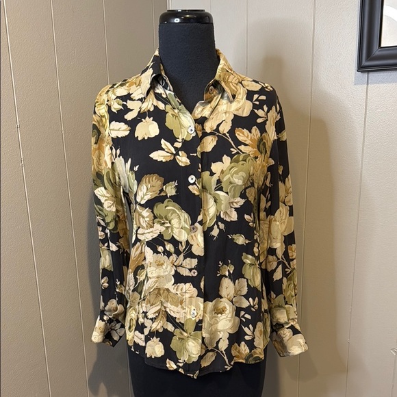 Linda Allard Ellen Tracy Women’s 4 Black Tan and Cream Floral Button-Up Blouse - Picture 1 of 5